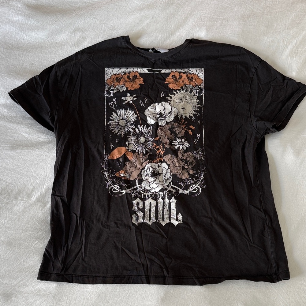 Bershka Black Tee with Floral and Sun Graphic